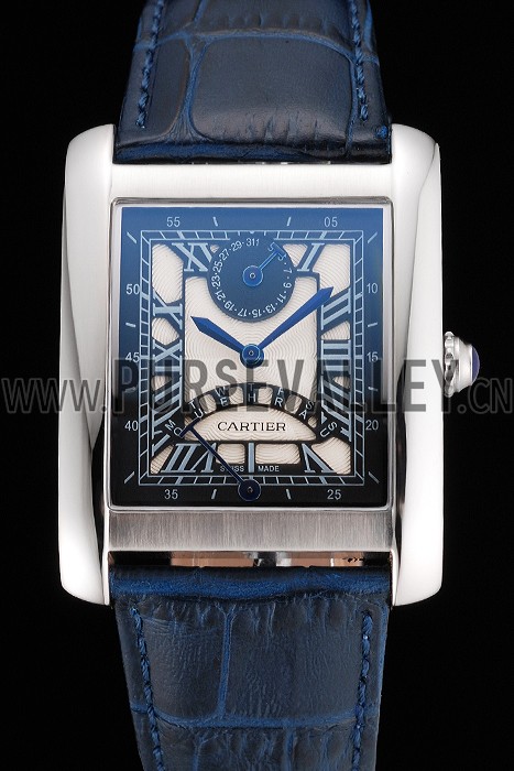 Cartier Tank White Dial Stainless Steel Case Blue Leather Strap 622762