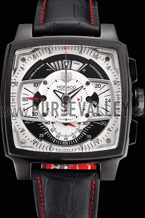 Tag Heuer Monaco Black-Red Perforated Leather Strap White Dial 80307