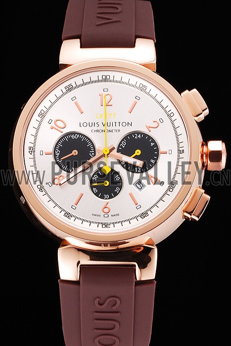 Louis Vuitton Tambour LV277 Chronograph White Dial Rose Gold Case Brown Rubber Strap