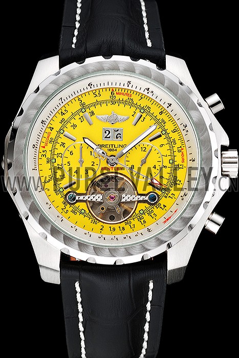 Breitling Bentley Mulliner Tourbillon Yellow Dial Stainless Steel Case Black Leather Strap 622730