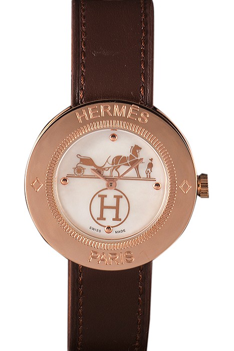 Hermes Classic MOP Dial Brown Leather Bracelet 801389