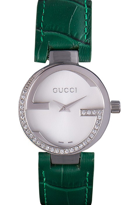 Gucci Interlocking Silver Bezel with Diamonds and Green Leather Band  621515