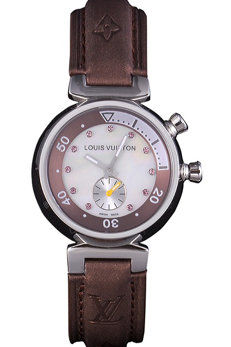 Louis Vuitton Tambour Brown Leather Bracelet White Dial 801420