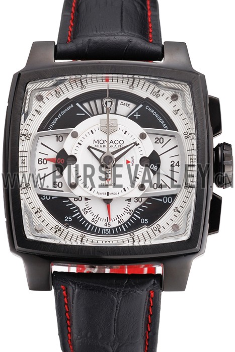 Tag Heuer Monaco Black-Red Perforated Leather Strap White Dial 80307