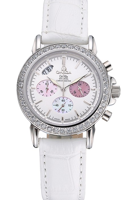 Omega De Ville Chronograph White Dial Stainless Steel Diamond Case White Leather Bracelet  622453