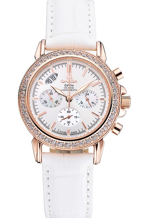 Omega Speedmaster Chronograph White Dial Gold Diamond Case White Leather Bracelet  622455