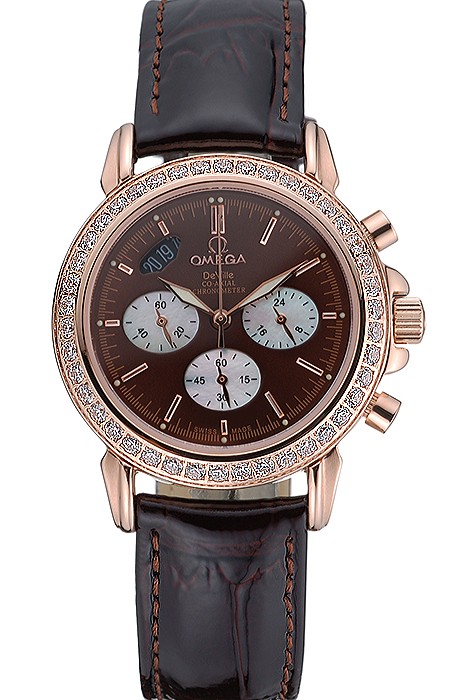 Omega De Ville Chronograph Brown Dial Gold Diamond Case Brown Leather Bracelet  622457