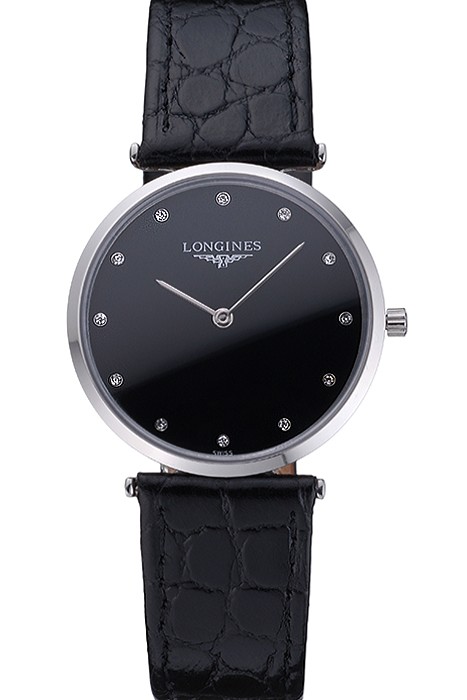 Longines La Grande Classique Black Dial Black Leather Band Diamond Markers Homme  622129