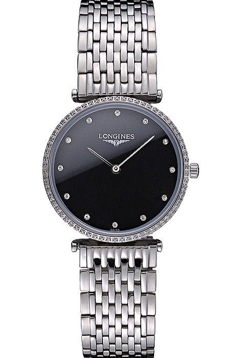 Longines La Grande Classique Stainless Steel Black Dial Diamond Bezel Homme  622107
