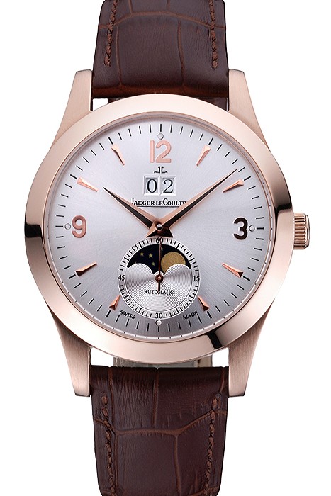 Jaeger LeCoultre Master White Dial Brown Leather Band Rose Gold Bezel  622080