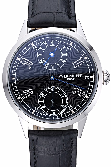 Patek Philippe Geneve Two Dial Black Dial Stainless Steel Bezel Black Leather Band  622145