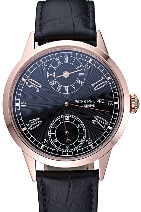 Patek Philippe Geneve Two Dial Black Dial Rose Gold Bezel Black Leather Band  622146