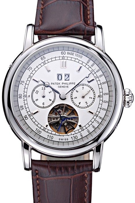 Patek Philippe Geneve Grand Complications White Dial Tourbillon Stainless Steel Bezel Brown Band  622154