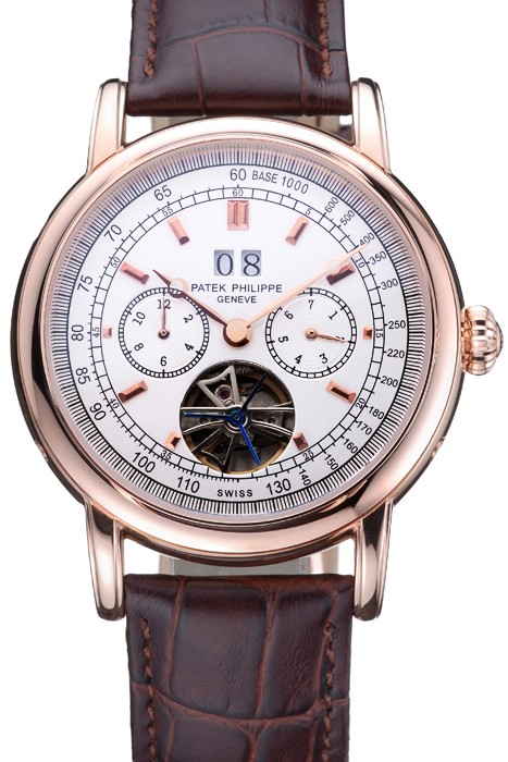 Patek Philippe Geneve Grand Complications White Dial Tourbillon Rose Gold Bezel Brown Band  622156