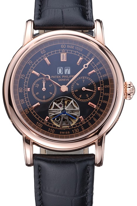 Patek Philippe Geneve Grand Complications Black Dial Tourbillon Rose Gold Bezel Black Band  622157