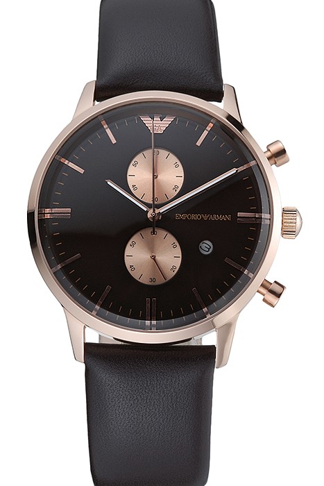 Emporio Armani Classic Chronograph Black Dial Rose Gold Case Black Leather Bracelet  622333