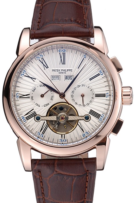 Patek Philippe Grand Complications Gold Case White Dial Roman Numerals Brown Leather Bracelet 622253