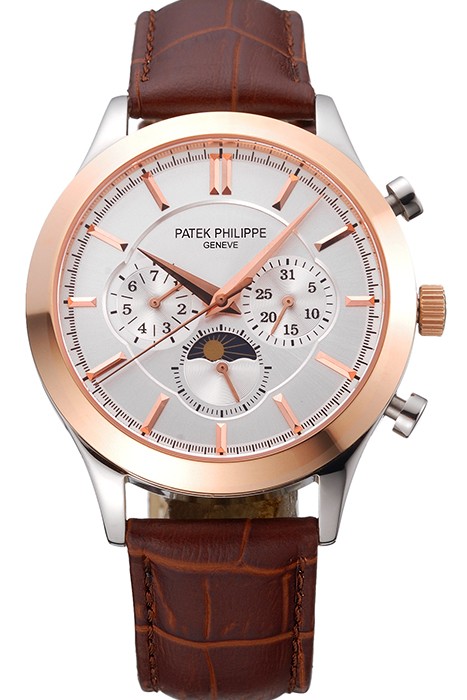 Patek Philippe Moonphase Chronograph White Dial Gold Case Brown Leather Strap  622843