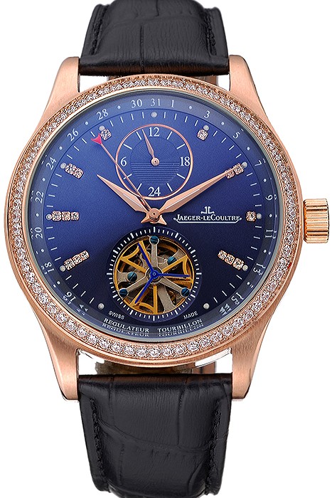 Jaeger-LeCoultre Master Tourbillon Dualtime Black Dial Gold Case With Diamonds Brown Leather Strap  622783