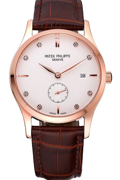 Patek Philippe Calatrava White Dial Diamond Numerals Rose Gold Case Brown Leather Strap  622834