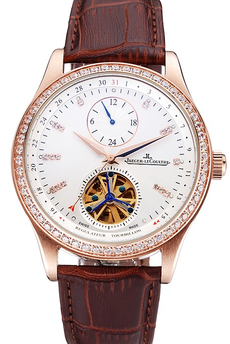 Jaeger-LeCoultre Master Tourbillon Dualtime White Dial Gold Case With Diamonds Brown Leather Strap  622782