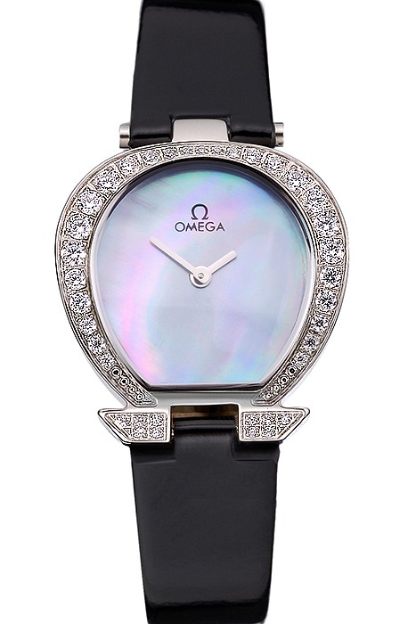 Omega Ladies Watch Pearl Dial Stainless Steel Case With Diamonds Black Leather Strap  622828
