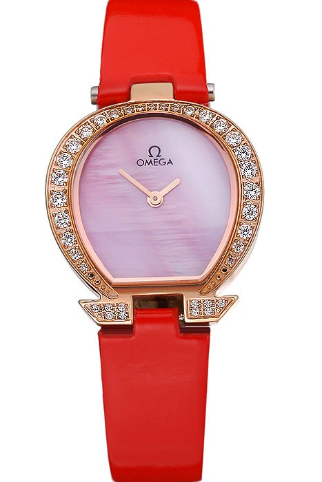 Omega Ladies Watch Pink Dial Gold Case With Diamonds Red Leather Strap  622831
