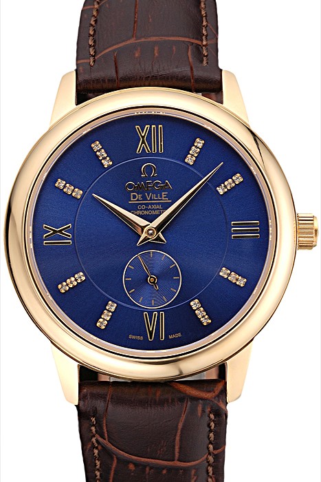 Omega DeVille Prestige Small Seconds Blue Dial Gold Case Brown Leather Bracelet  622601