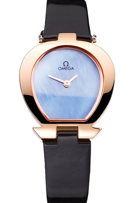 Omega Ladies Watch Sky Blue Dial Gold Case Black Leather Strap  622821