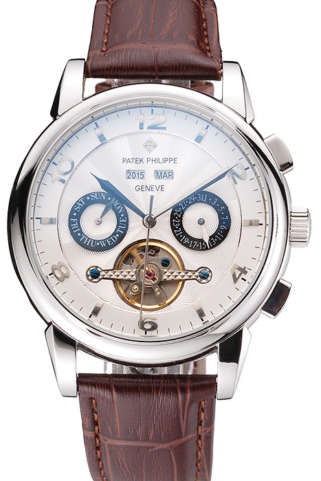 Patek Philippe Classic Tourbillon Power Reserve Black And White Dial Stainless Steel Case Brown Leather Strap