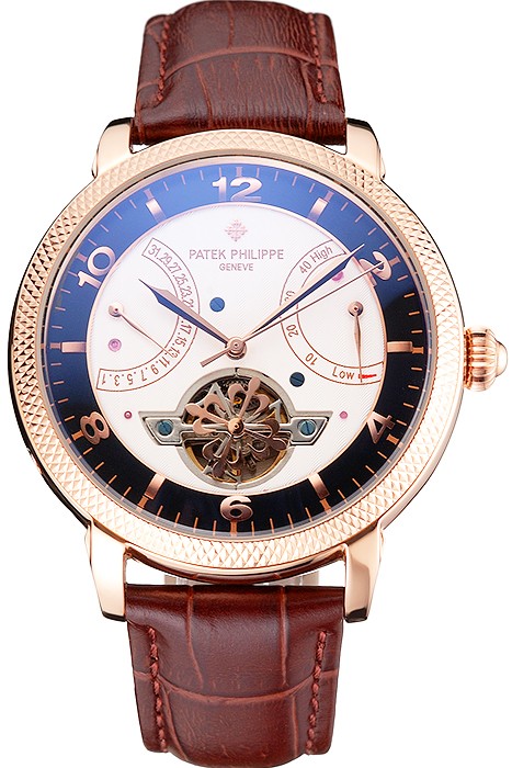 Patek Philippe Classic Tourbillon Power Reserve Black And White Dial Rose Gold Case Brown Leather Strap