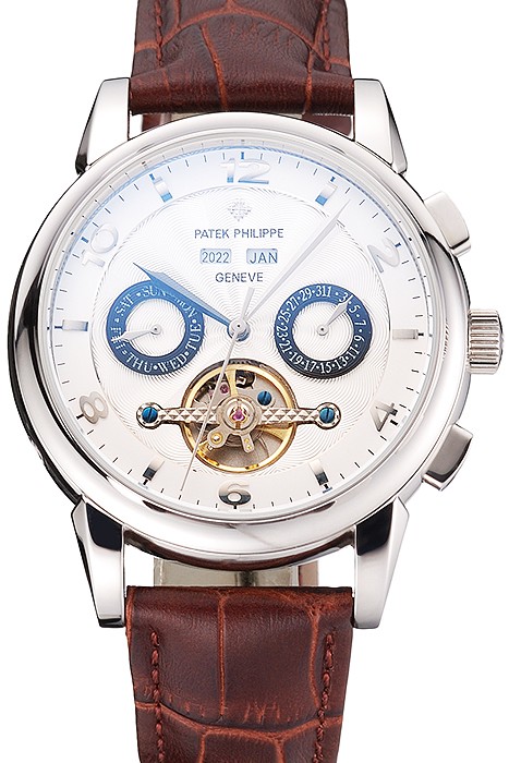 Patek Philippe Perpetual Calendar Tourbillon White Dial Stainless Steel Case Brown Leather Strap