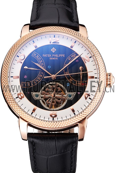 Patek Philippe Classic Tourbillon Power Reserve Black And White Dial Rose Gold Case Black Leather Strap