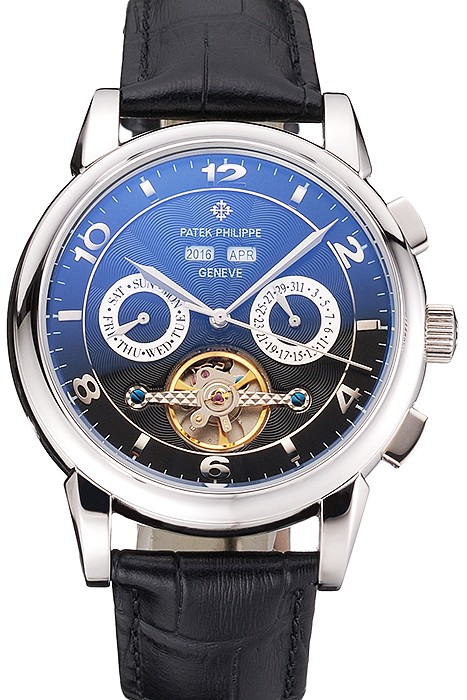Patek Philippe Perpetual Calendar Tourbillon Black Dial Stainless Steel Case Brown Leather Strap