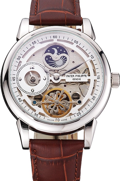 Patek Philippe Dual Time Moonphase Tourbillon White Skeletonised Dial Stainless Steel Case Brown Leather Strap