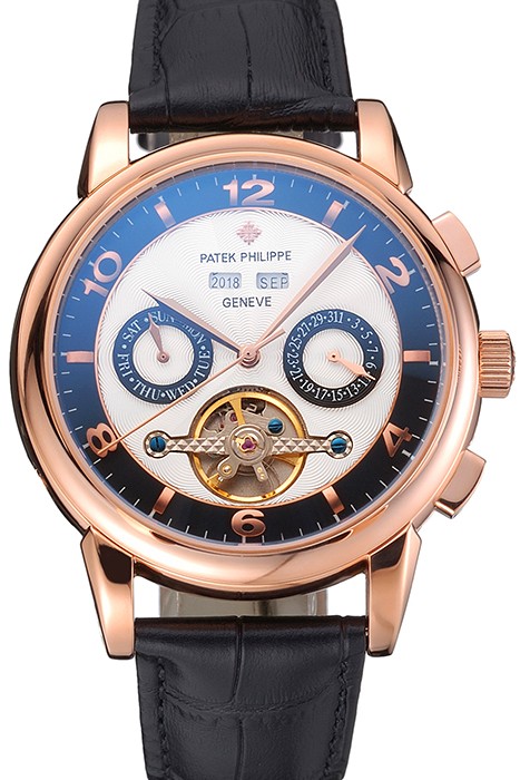 Patek Philippe Perpetual Calendar Tourbillon Two Tone Dial Rose Gold Case Black Leather Strap