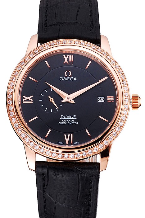 Omega De Ville Prestige Co-Axial Black Dial Rose Gold Diamond Case Black Leather Strap Roman Numeral