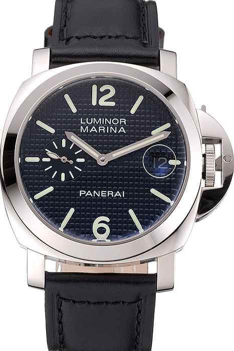 Panerai Luminor Marina Date Black Hobnail Pattern Dial Stainless Steel Case Black Leather Strap