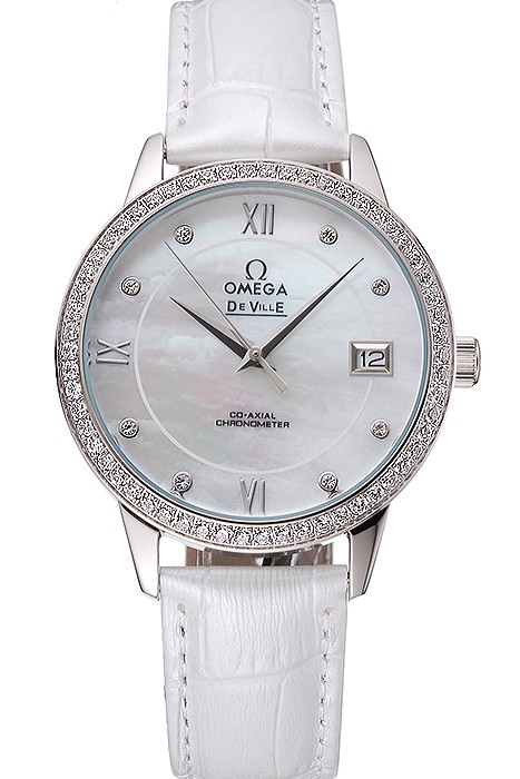 Omega DeVille Prestige Co-Axial Diamond Silver Case Mother-Of-Pearl Dial White Leather Strap