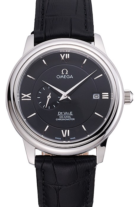 Omega De Ville Prestige Co-Axial Black Dial Silver Case Black Leather Strap Roman Numeral