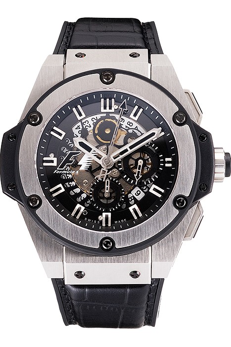 Swiss Hublot Big Bang Limited Edition Formula 1 Black Skeletonised Dial Steel Case Black Leather Strap  622883