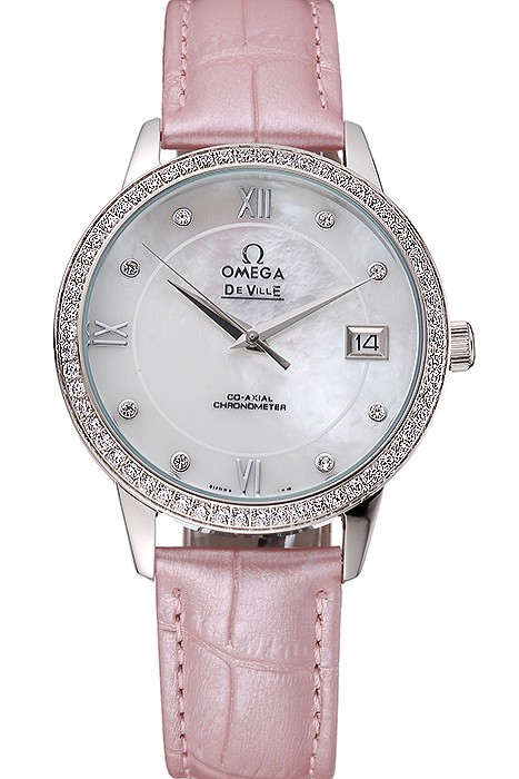 Omega DeVille Prestige Co-Axial Diamond Silver Case Mother-Of-Pearl Dial Pink Leather Strap