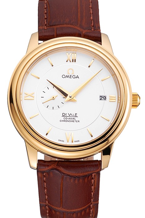 Omega De Ville Prestige Co-Axial White Dial Gold Case Brown Leather Strap Roman Numeral