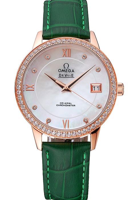 Omega DeVille Prestige Co-Axial Diamond Gold Case Mother-Of-Pearl Dial Green Leather Strap