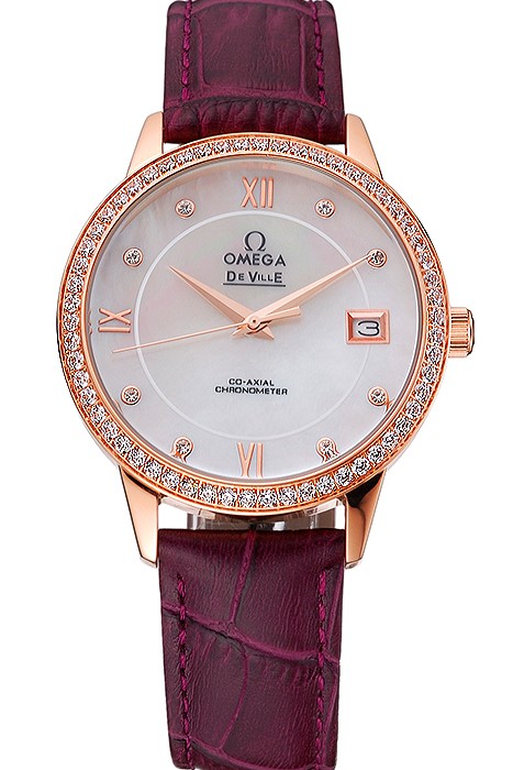 Omega DeVille Prestige Co-Axial Diamond Gold Case Mother-Of-Pearl Dial Purple Leather Strap