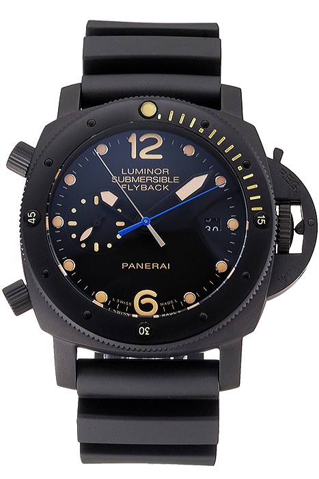 Panerai Luminor Submersible Flyback Date Black Dial Yellow Markings Black Ionized Case Black Rubber Strap