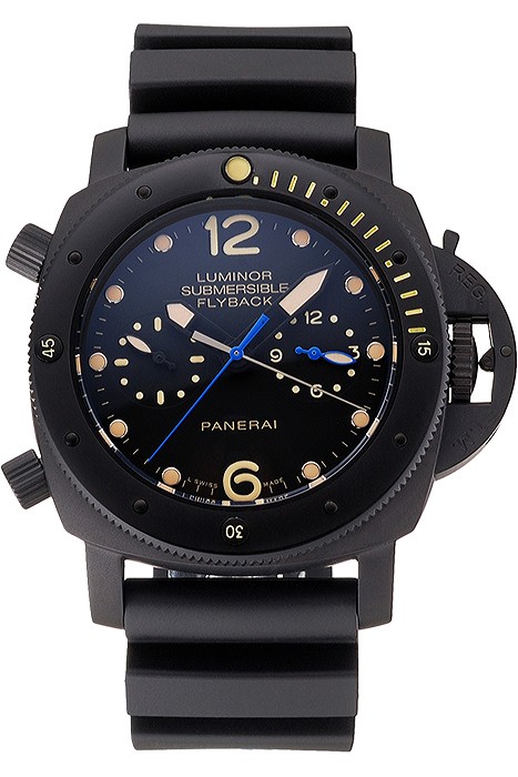 Panerai Luminor Submersible Flyback GMT Black Dial Yellow Markings Black Ionized Case Black Rubber Strap