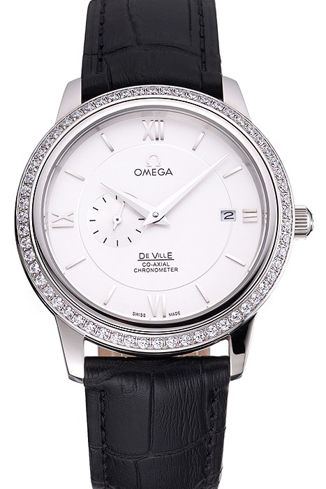 Omega De Ville Prestige Co-Axial White Dial Silver Diamond Case Black Leather Strap Roman Numeral