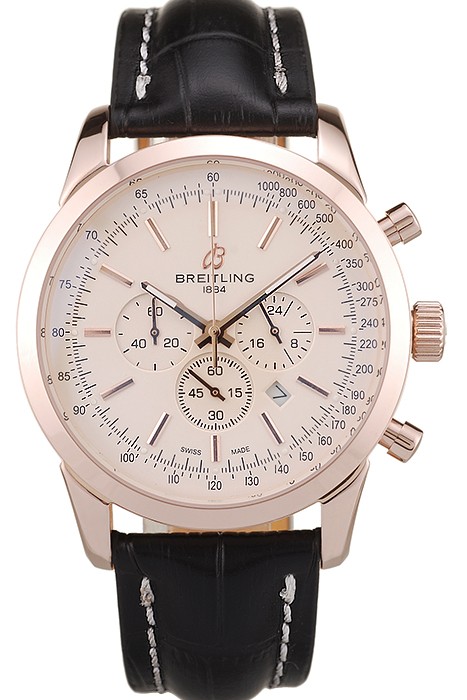 Breitling Transocean White Dial Black Leather Strap Rose Gold Bezel 98206