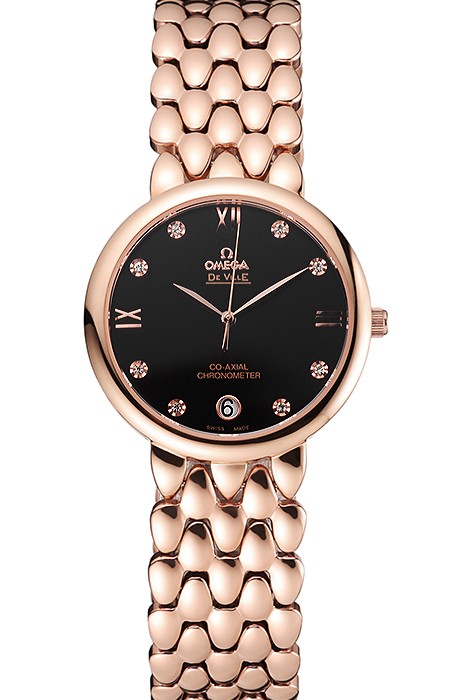 Omega De Ville Prestige Black Dial With Diamonds Rose Gold Case And Bracelet